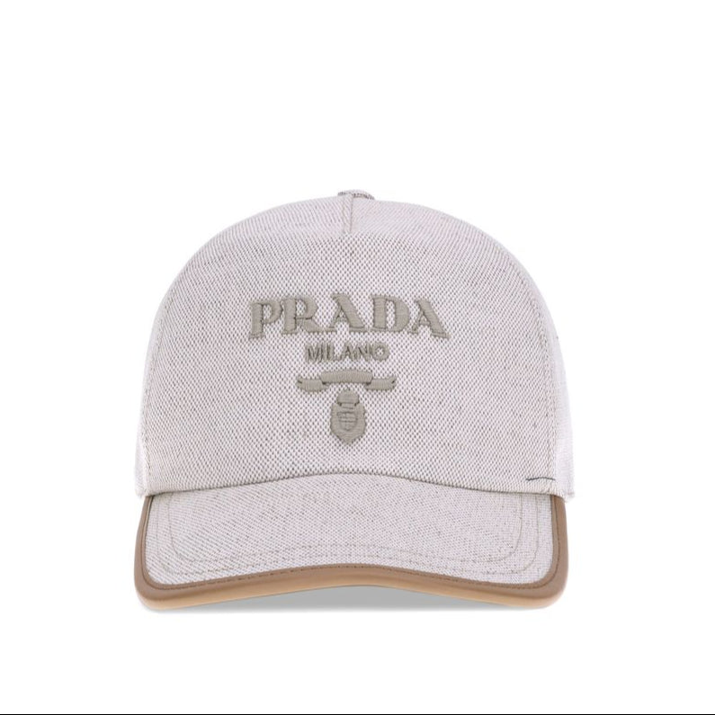 PRADA: Linen Blend Baseball Cap with Embossed Logo – Beige &amp; Leather Trim – Made in Italy