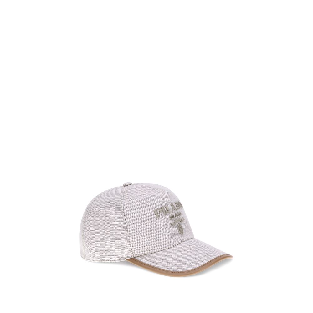 PRADA: Linen Blend Baseball Cap with Embossed Logo – Beige &amp; Leather Trim – Made in Italy