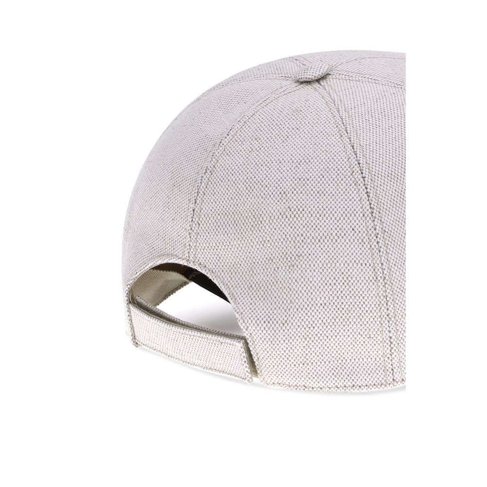PRADA: Linen Blend Baseball Cap with Embossed Logo – Beige &amp; Leather Trim – Made in Italy