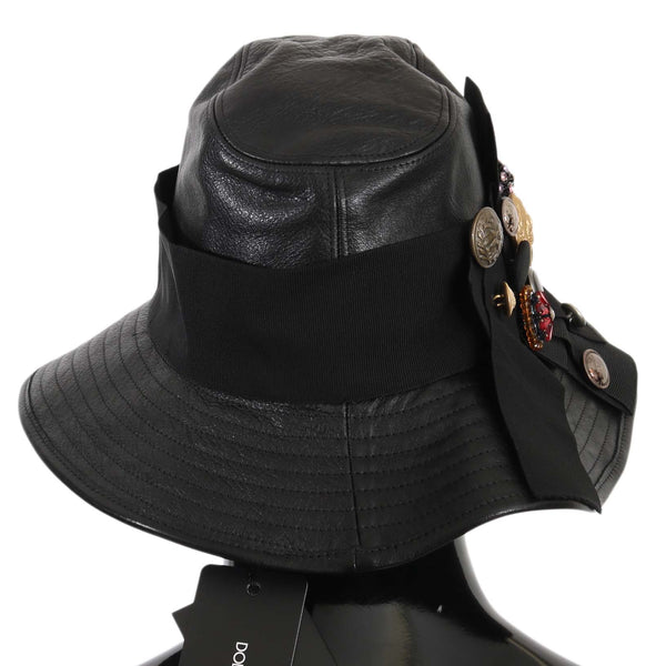 Dolce &amp; Gabbana Elegant Black Leather Cloche Cap