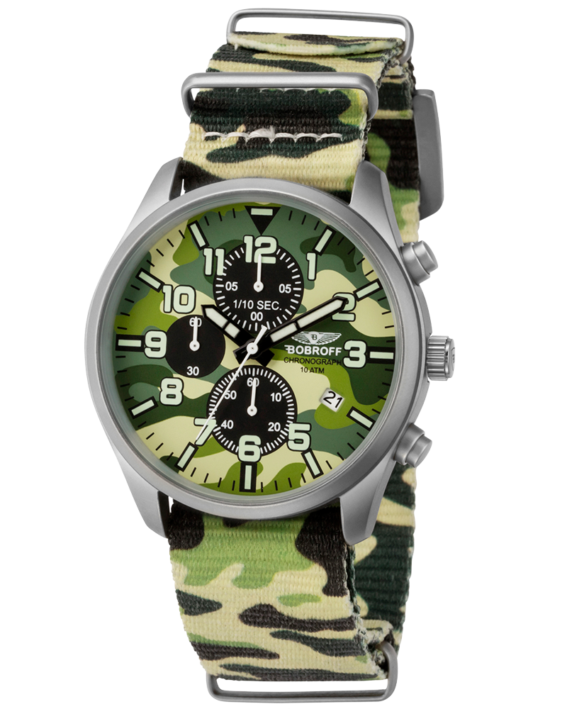 BOBROFF "Army Chrono Camouflage" Quartz Watch Steel &amp; Nylon 10 ATM
