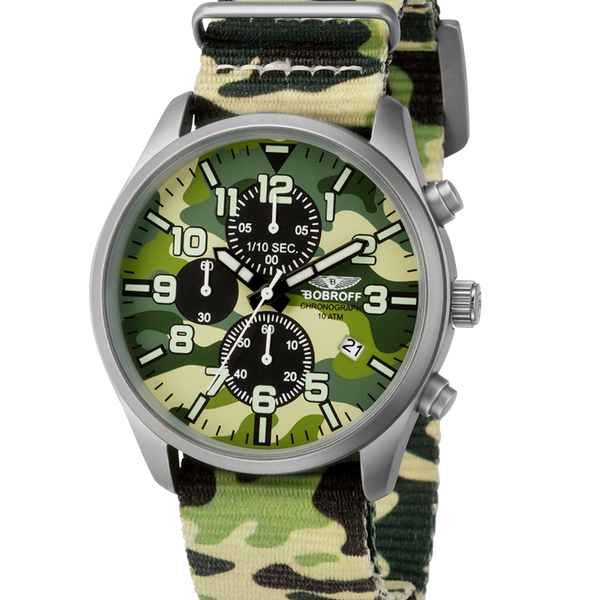 BOBROFF "Army Chrono Camouflage" Quartz Watch Steel &amp; Nylon 10 ATM