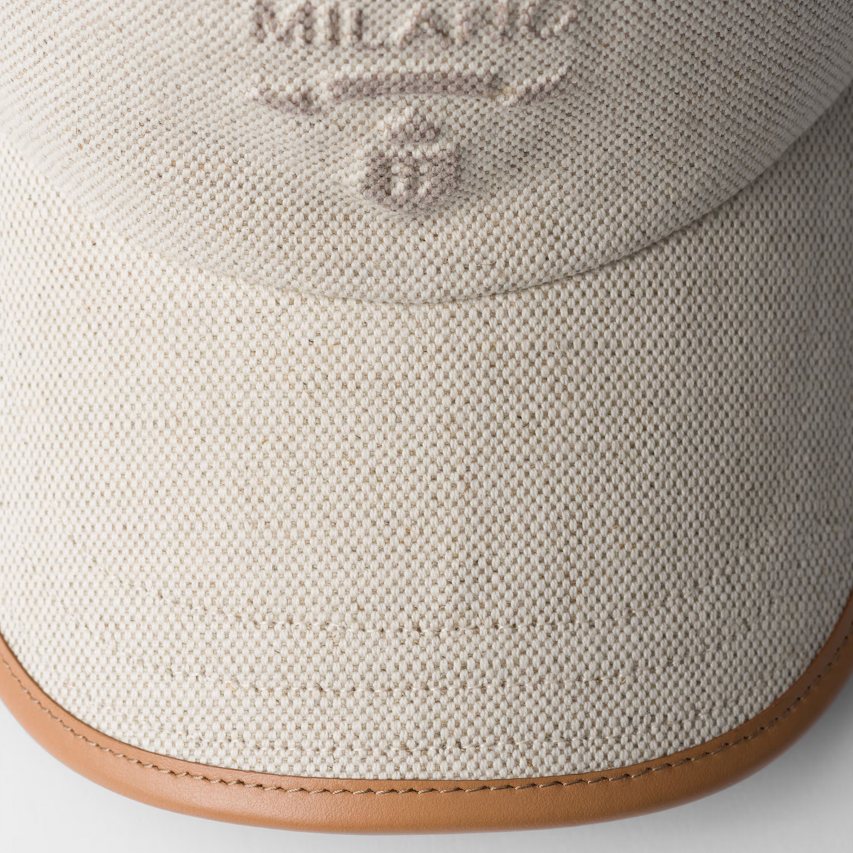 PRADA: Linen Blend Baseball Cap with Embossed Logo – Beige &amp; Leather Trim – Made in Italy