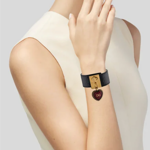 DOLCE &amp; GABBANA: Luxurious Black Leather Bracelet, Gold Clasp and Charms