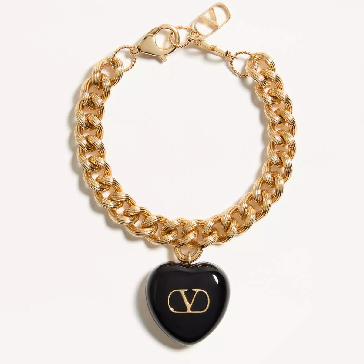 VALENTINO GARAVANI: "Royal Heart" Chain Bracelet in Gold &amp; Black - VLogo Heart Pendant - Made in Italy