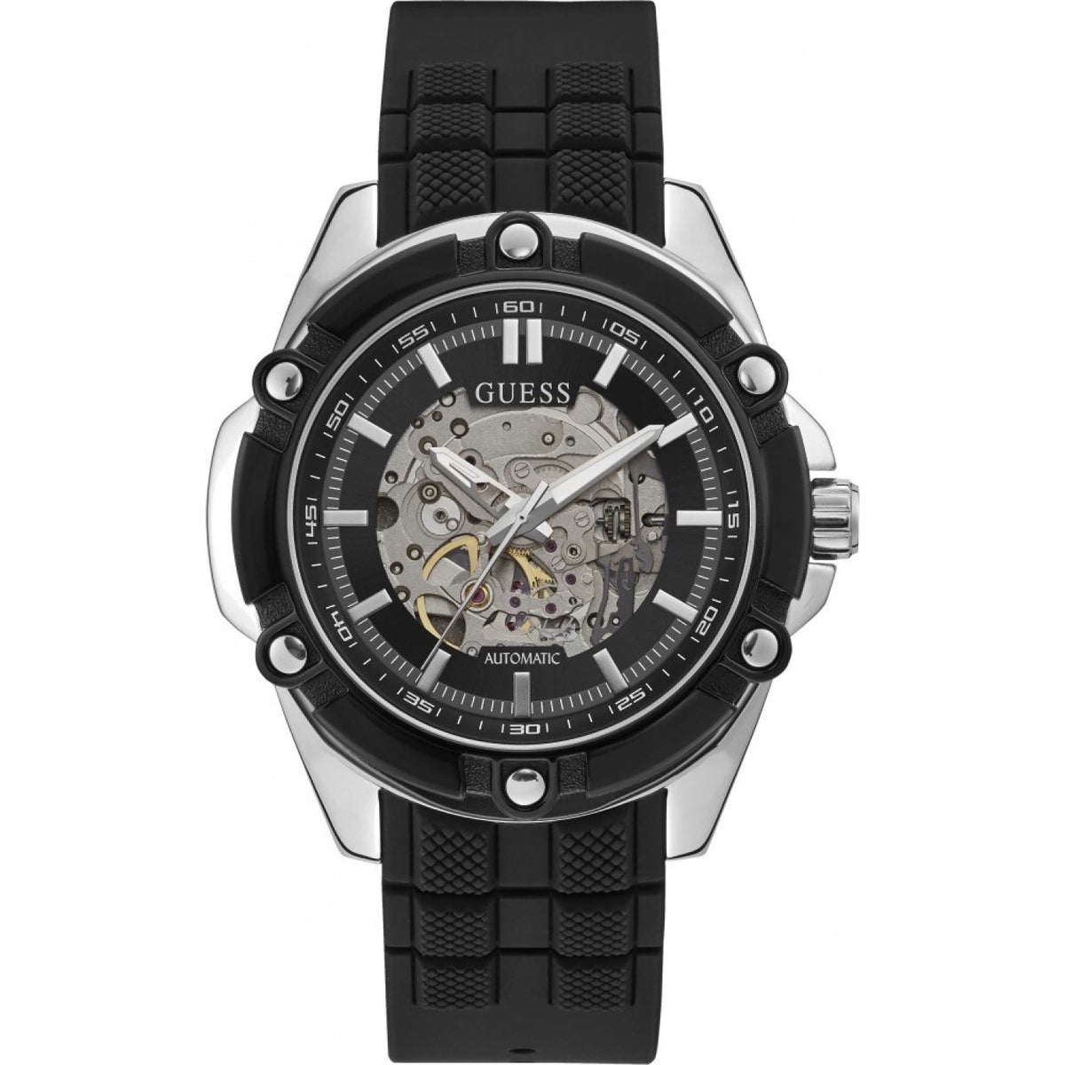 GUESS BOLT: Men's Automatic Watch with Silver Steel Case and Black Silicone Strap - Skeleton Dial