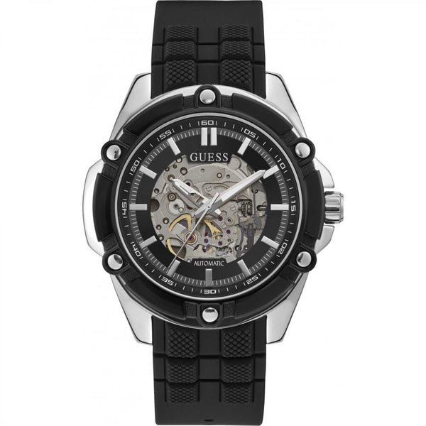 GUESS BOLT: Men's Automatic Watch with Silver Steel Case and Black Silicone Strap - Skeleton Dial