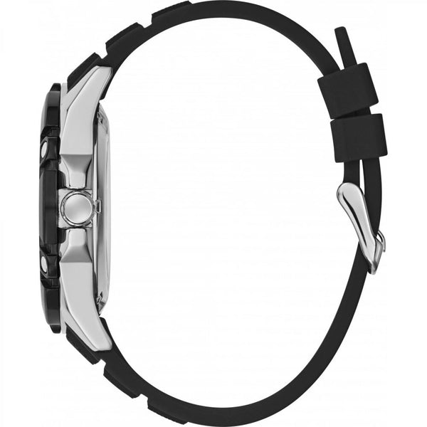 GUESS BOLT: Men's Automatic Watch with Silver Steel Case and Black Silicone Strap - Skeleton Dial