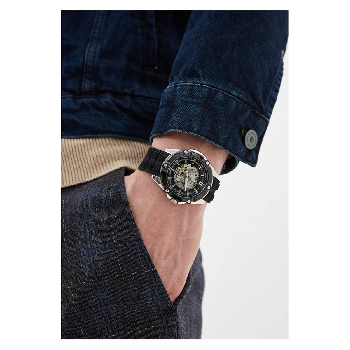 GUESS BOLT: Men's Automatic Watch with Silver Steel Case and Black Silicone Strap - Skeleton Dial