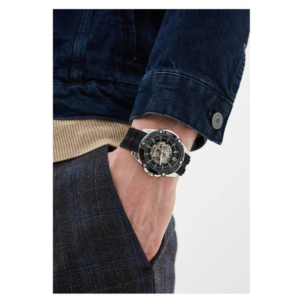 GUESS BOLT: Men's Automatic Watch with Silver Steel Case and Black Silicone Strap - Skeleton Dial