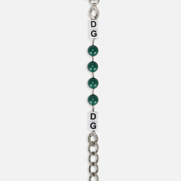 DOLCE & GABBANA : Bracelet Chaîne Argentée, Dés "DG" et Perles Vertes - Chic