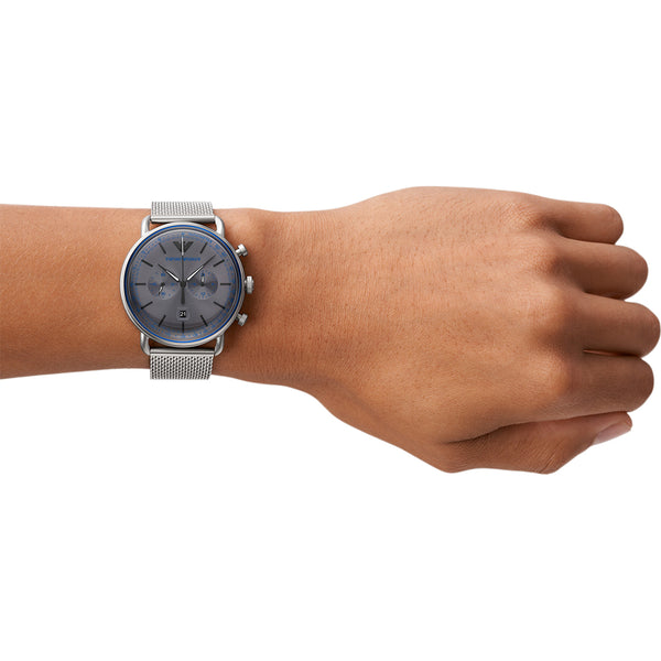 ARMANI Emporio Armani Chronograph Watch Steel Milanese Mesh Grey &amp; Blue