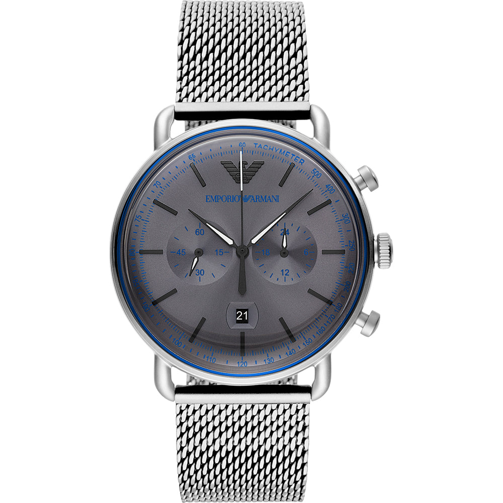 ARMANI Emporio Armani Chronograph Watch Steel Milanese Mesh Grey &amp; Blue